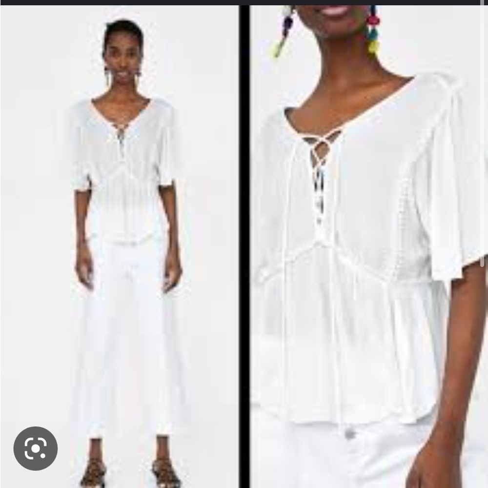 ZARA WHITE FLUTTER SLEEVE LACE UP TOP